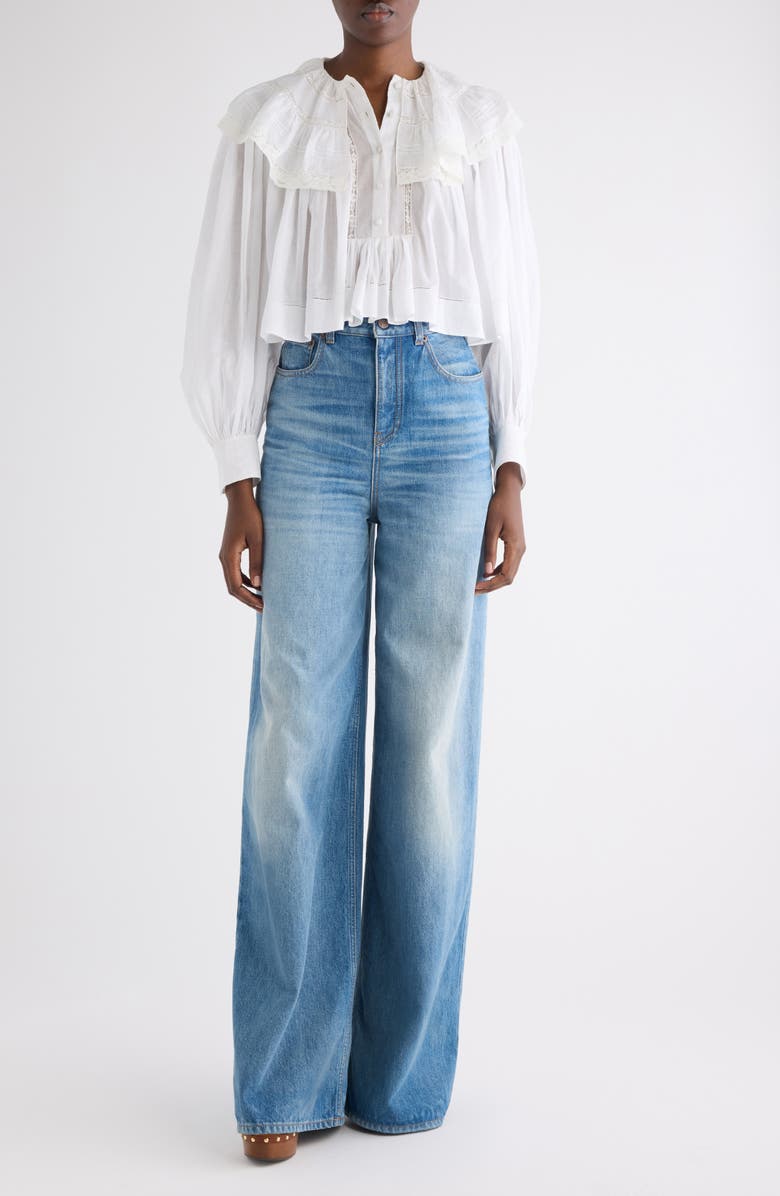 Chloé Lace Trim Cotton Pullover Shirt, Main, color, Iconic Milk