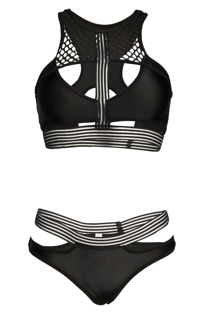 Coquette Mesh & Strap Detail Bra & Briefs Set, Alternate, color, Black