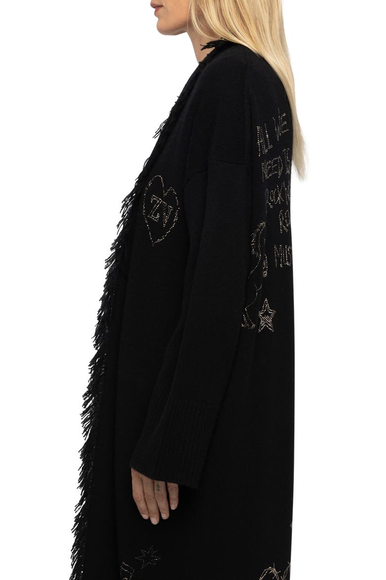 Cami Rhinestone Fringe Trim Longline Wool & Cashmere Sweater, Alternate, color, BLACK