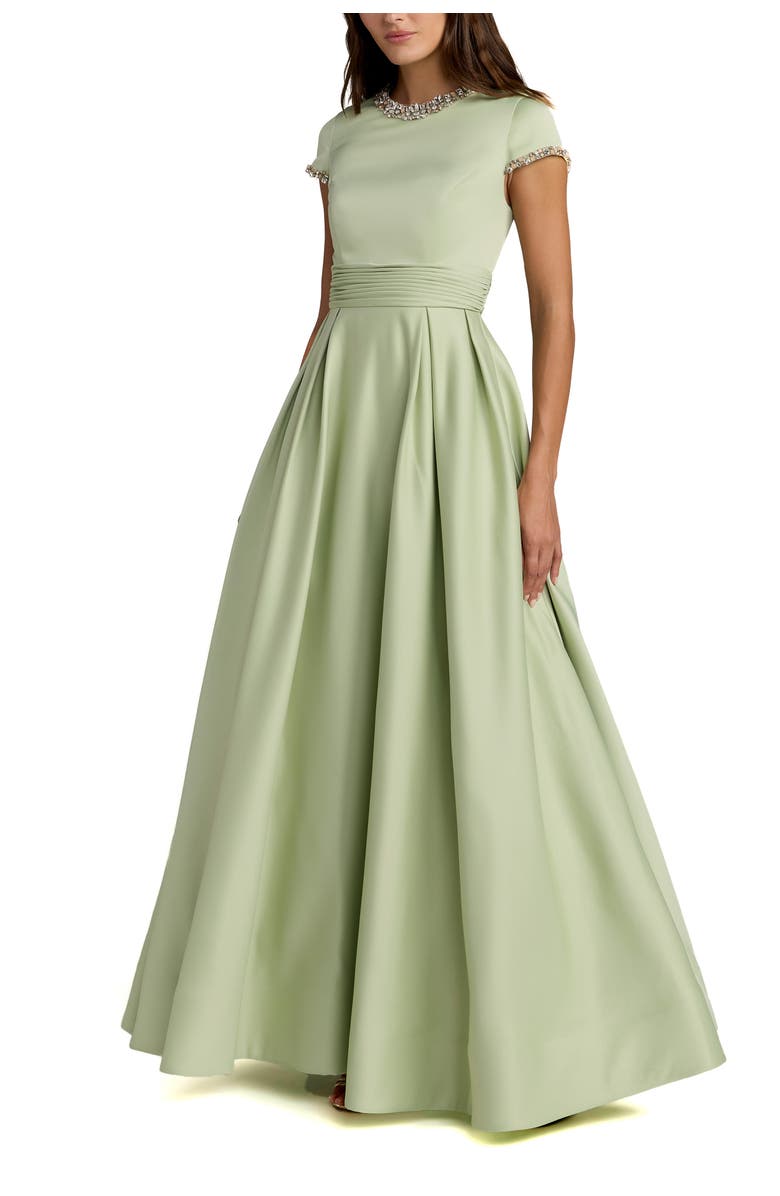 Mac Duggal Petite Embellished Satin Cap Sleeve Ball Gown, Main, color, 