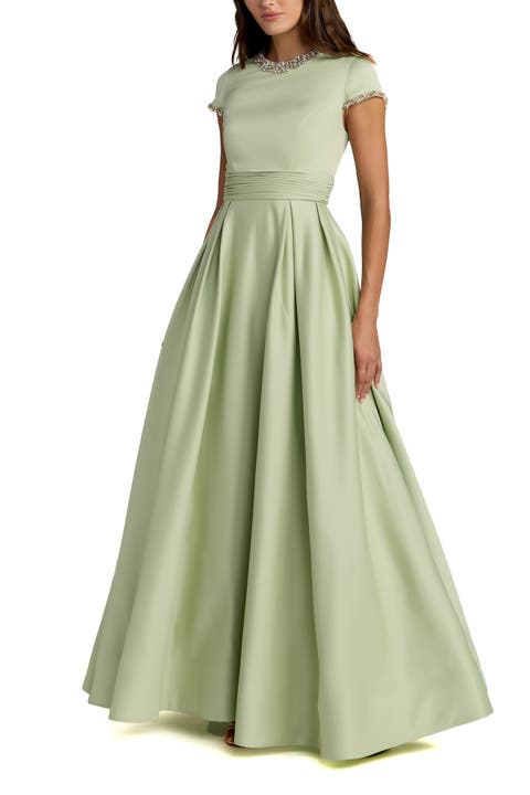 Petite Embellished Satin Cap Sleeve Ball Gown