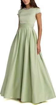 Mac Duggal Petite Embellished Satin Cap Sleeve Ball Gown