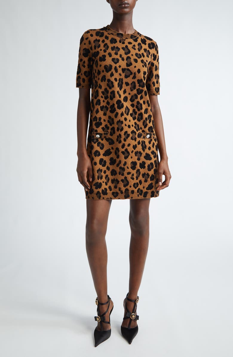 Versace Leopard Jacquard Sweater Dress, Main, color, 
