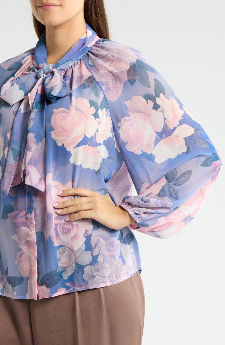 Tahari ASL Printed Ruffle Top, Alternate, color, Blue Petal Floral