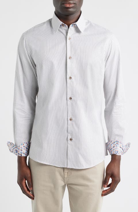 Stripe Printed Silk Trim Dress Shirt