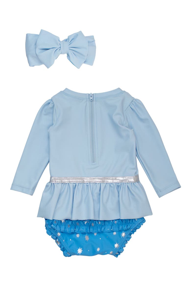 Princess One-Piece Rashguard Swimsuit & Bow Head Wrap Set, Alternate, color, BLUE