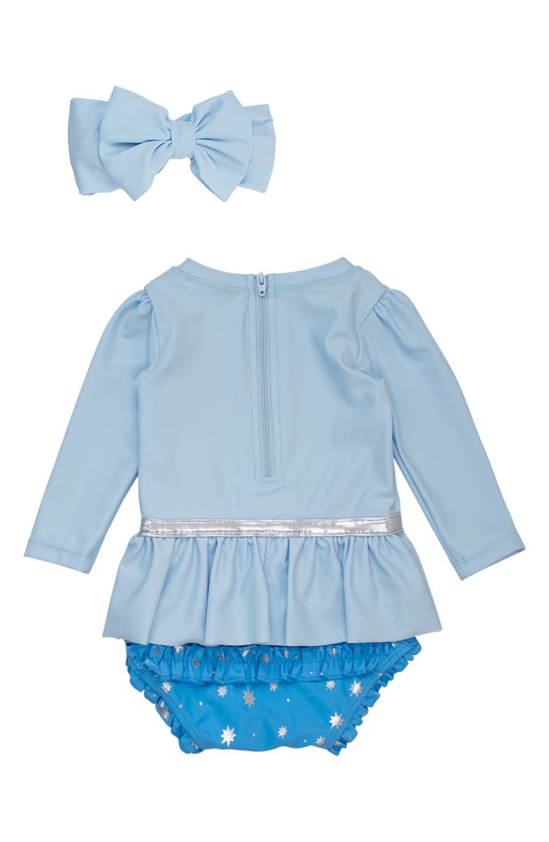RuffleButts Princess One-Piece Rashguard Swimsuit & Bow Head Wrap Set, Alternate, color, Blue