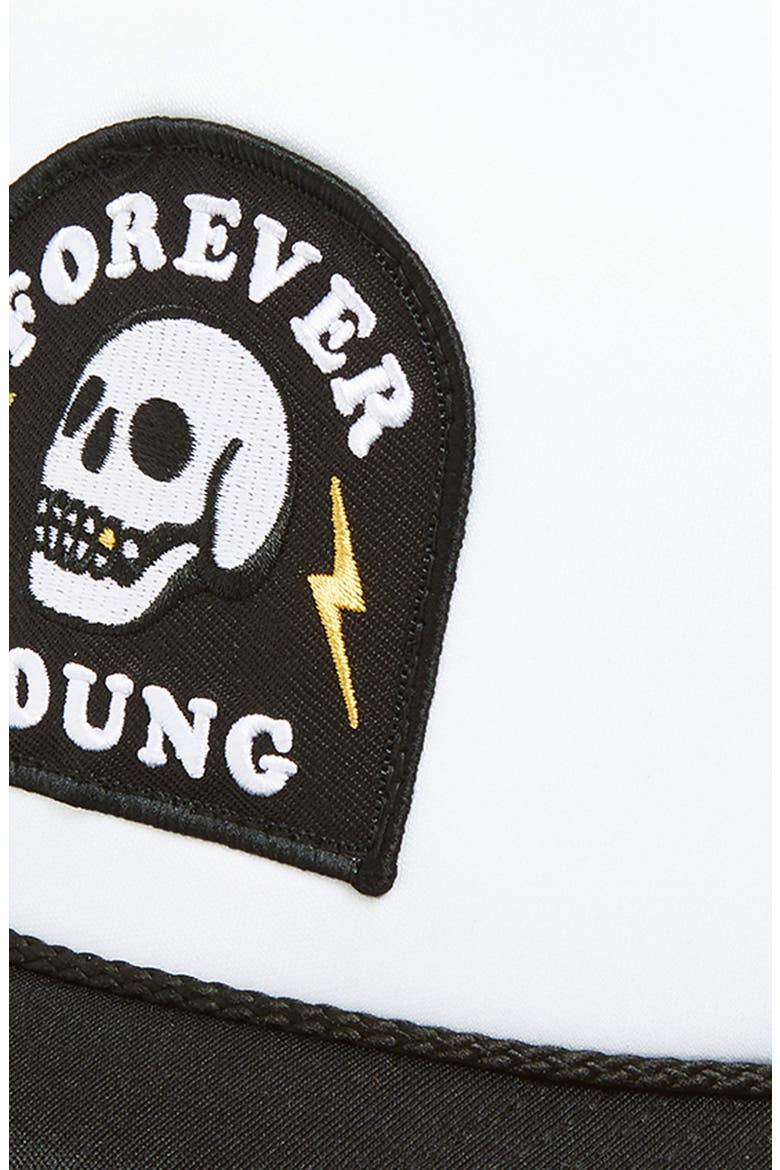 Forever Young Patch Trucker Hat, Alternate, color, BLACK/ WHITE