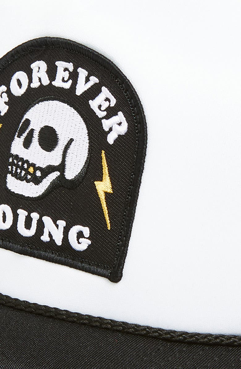 Local Beach Forever Young Patch Trucker Hat, Alternate, color, Black/ White