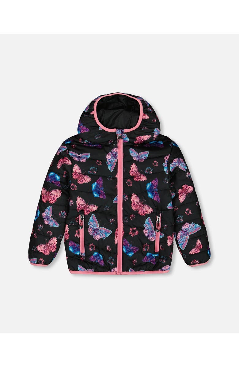 Deux par Deux Little Girl's Printed Quilted Mid-Season Jacket Multicolored Butterflies On Black Background, Main, color, 
