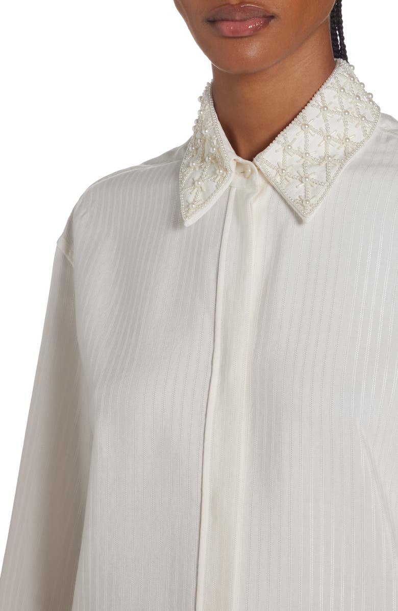 Golden Goose Imitation Pearl Embellished Jacquard Stripe Button-Up Shirt, Alternate, color, Antique White