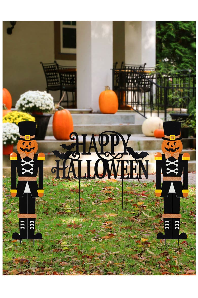 Set of 3 Halloween Metal Nutcracker and HAPPY HALLOWEEN Yard Stake, Alternate, color, Black