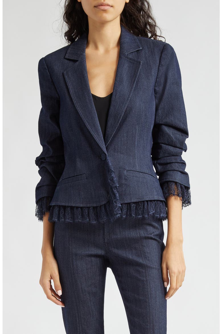 Le Petit Roxie Lace Trim Denim Blazer, Main, color, INDIGO