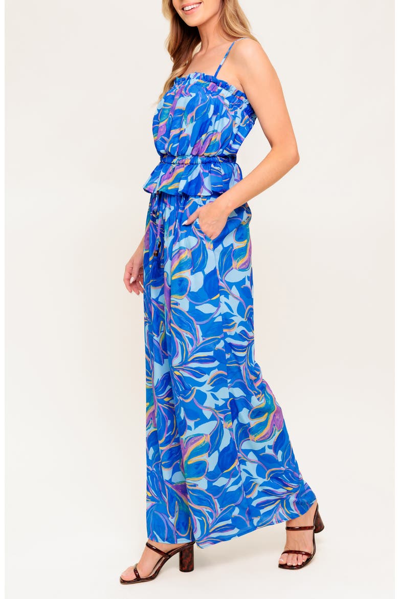 Print Bubble Crop Top & Wide Leg Pants Set, Alternate, color, BLUE