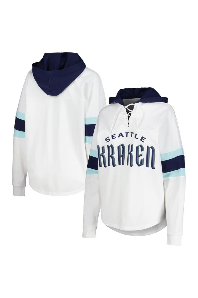 Women's G-III 4Her by Carl Banks White/Deep Sea Blue Seattle Kraken Goal Zone Long Sleeve Lace-Up Hoodie T-Shirt, Alternate, color, White