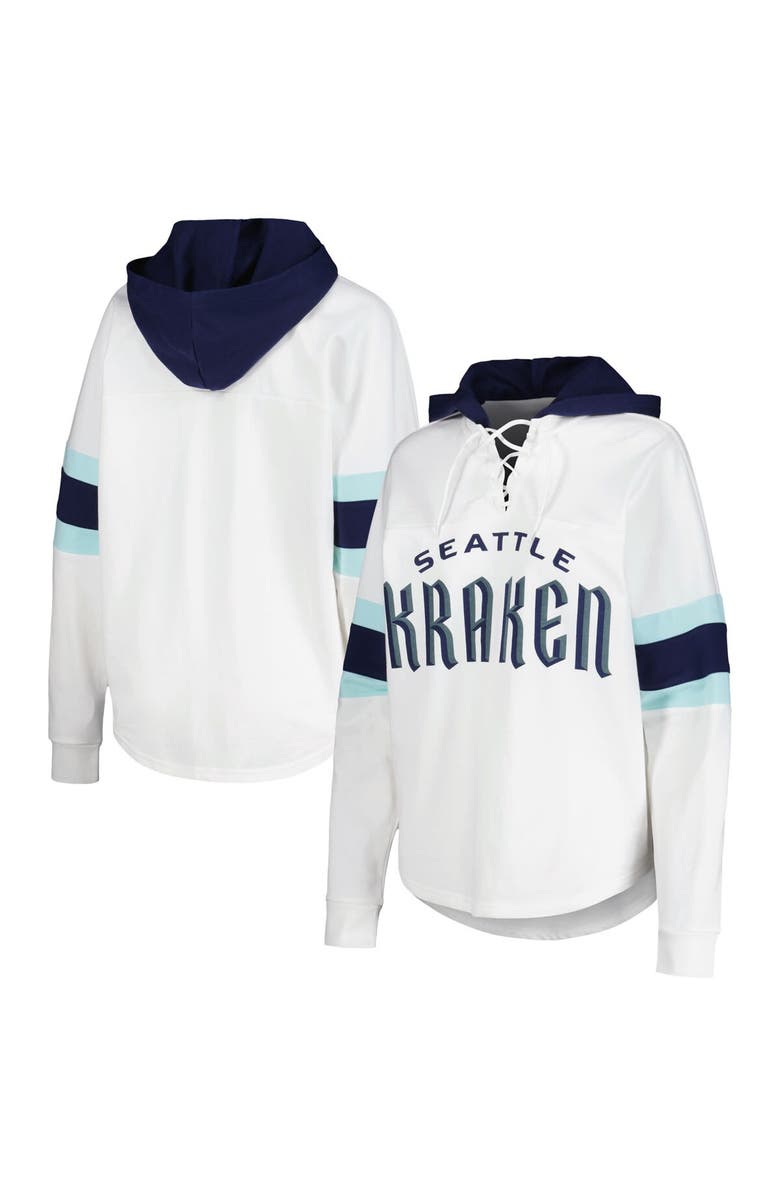 G-III 4HER BY CARL BANKS Women's G-III 4Her by Carl Banks White/Deep Sea Blue Seattle Kraken Goal Zone Long Sleeve Lace-Up Hoodie T-Shirt, Alternate, color, White