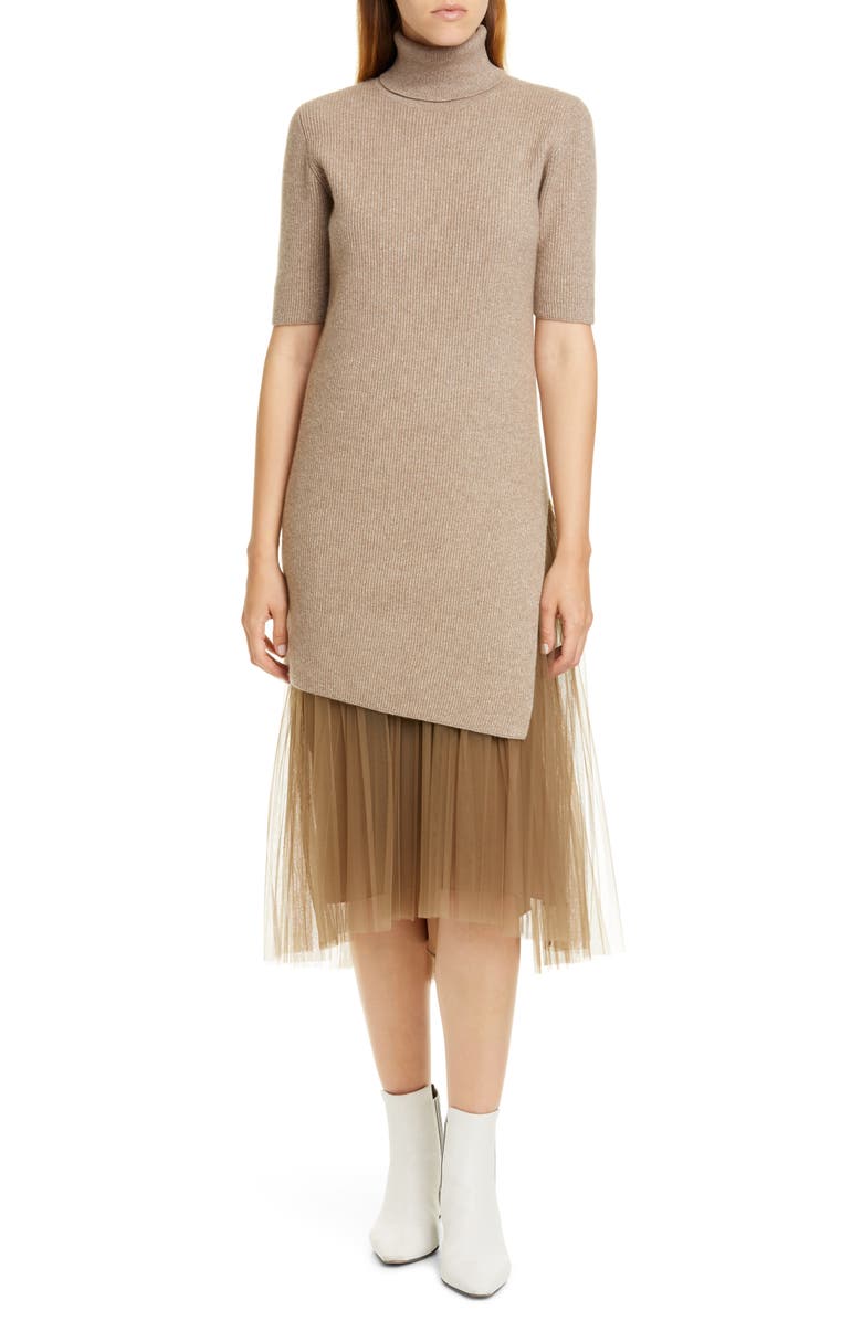 Brunello Cucinelli Tulle Hem Cashmere Blend Sweater Dress, Main, color,