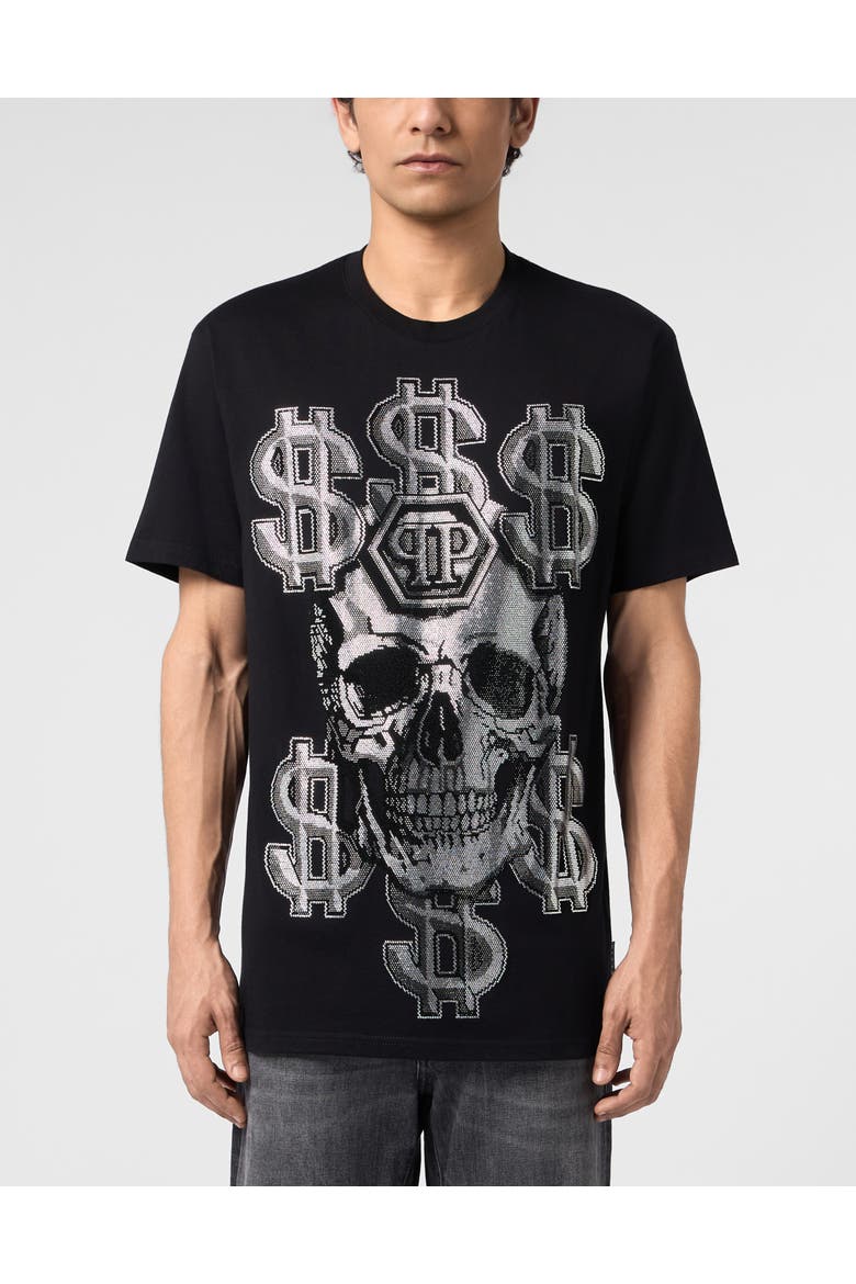 Round Neck T-Shirt Dollar Skull Stones Men, Main, color, black