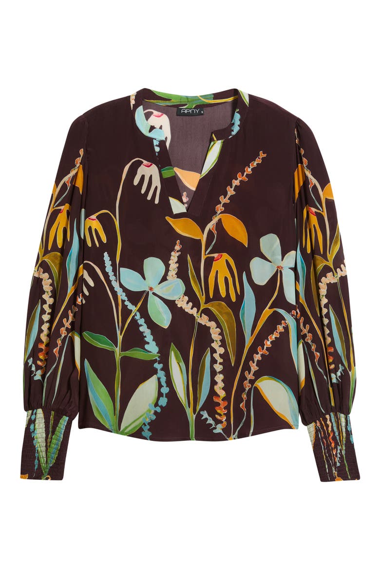 Print Split Neck Top with Smocked Cuffs, Alternate, color, ESPRESSO MULTI