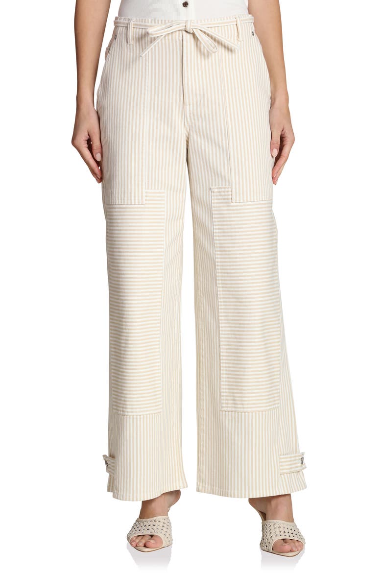 Tie Waist Patchwork Wide Leg Pants, Main, color, BEIGE - WHITE STRIPE
