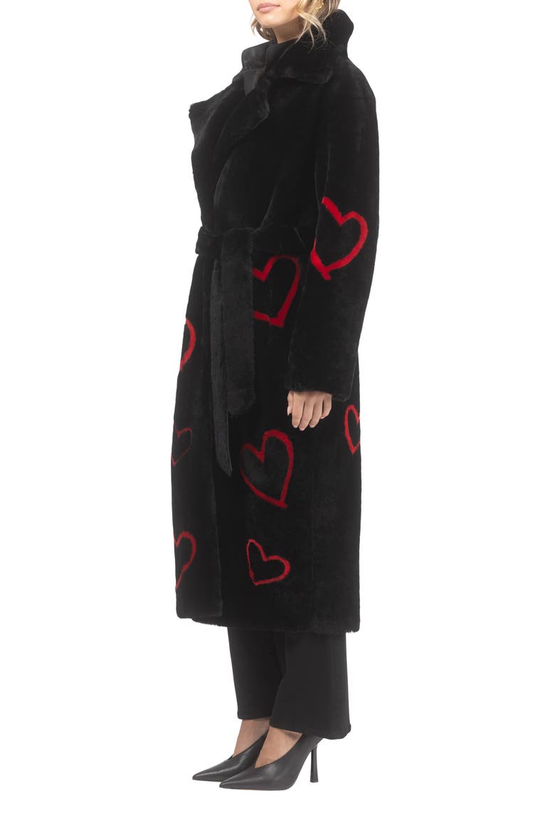 Reversible Genuine Shearling Coat with Heart Intarsia, Belt, Alternate, color, Black/Red