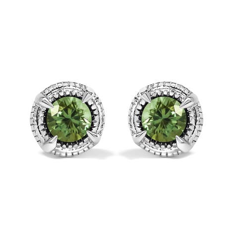 Silver 1/3 Ct Green Diamond Solitaire Milgrain Stud Earrings