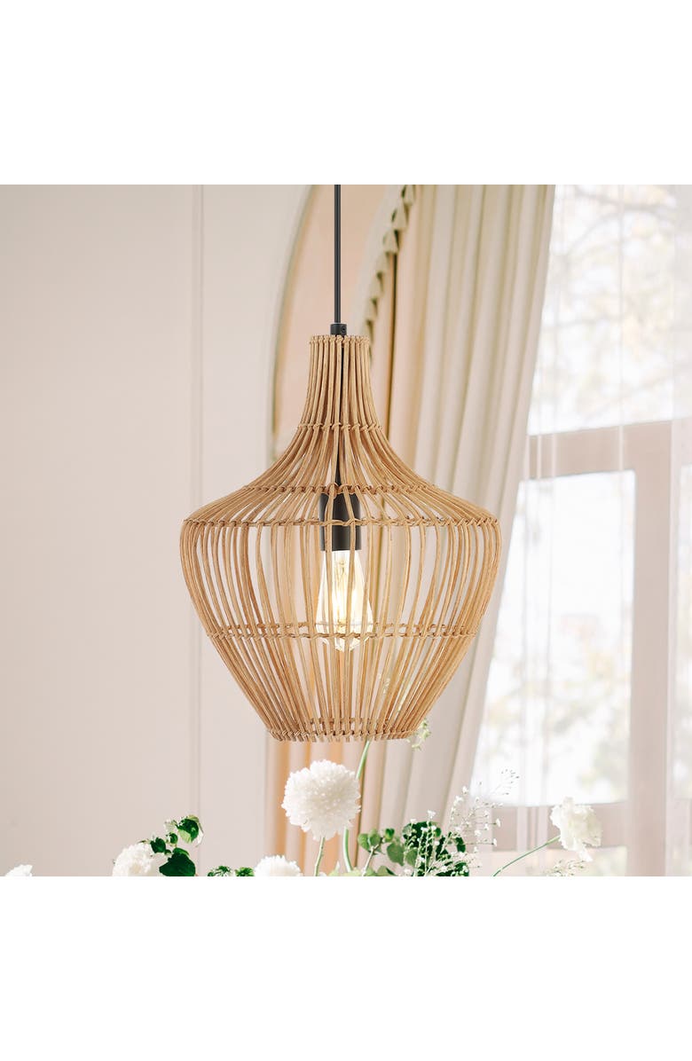 JONATHAN Y Lucas 1-Light Farmhouse Coastal Rattan 180" Cord Plug-In or Hardwired LED Pendant, Alternate, color, 