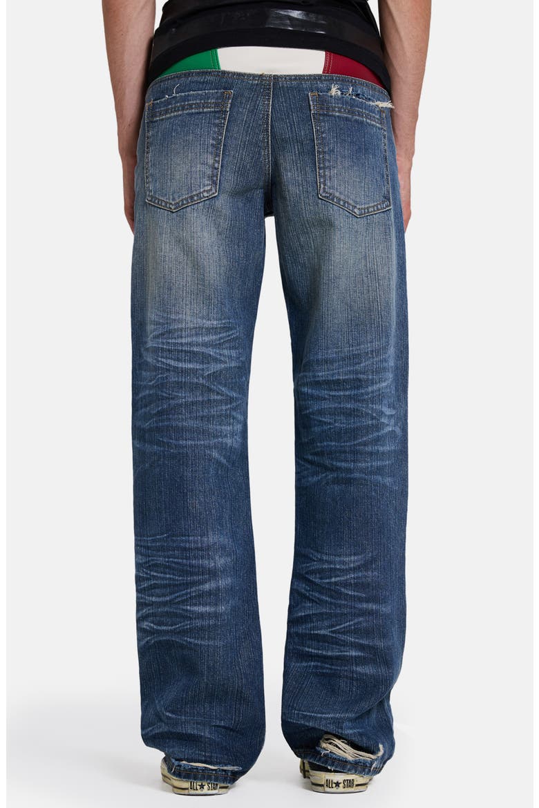 Distressed Straight Leg Jeans with Faux Leather Italy Flag Panel, Alternate, color, DENIM