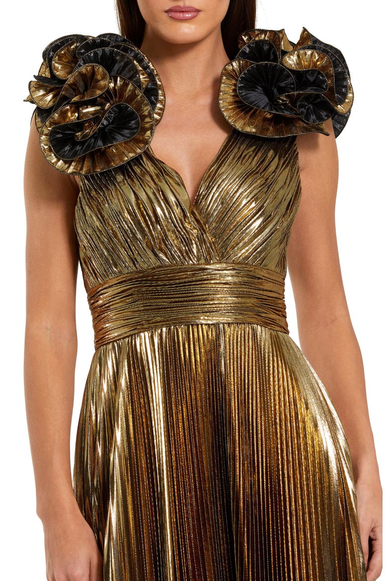 Pleated Metallic V Neck Gown With Ruffle Detail, Alternate, color, Antique Gold