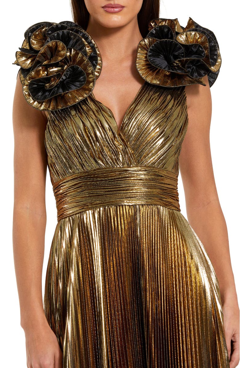 Mac Duggal Pleated Metallic V Neck Gown With Ruffle Detail, Alternate, color, Antique Gold