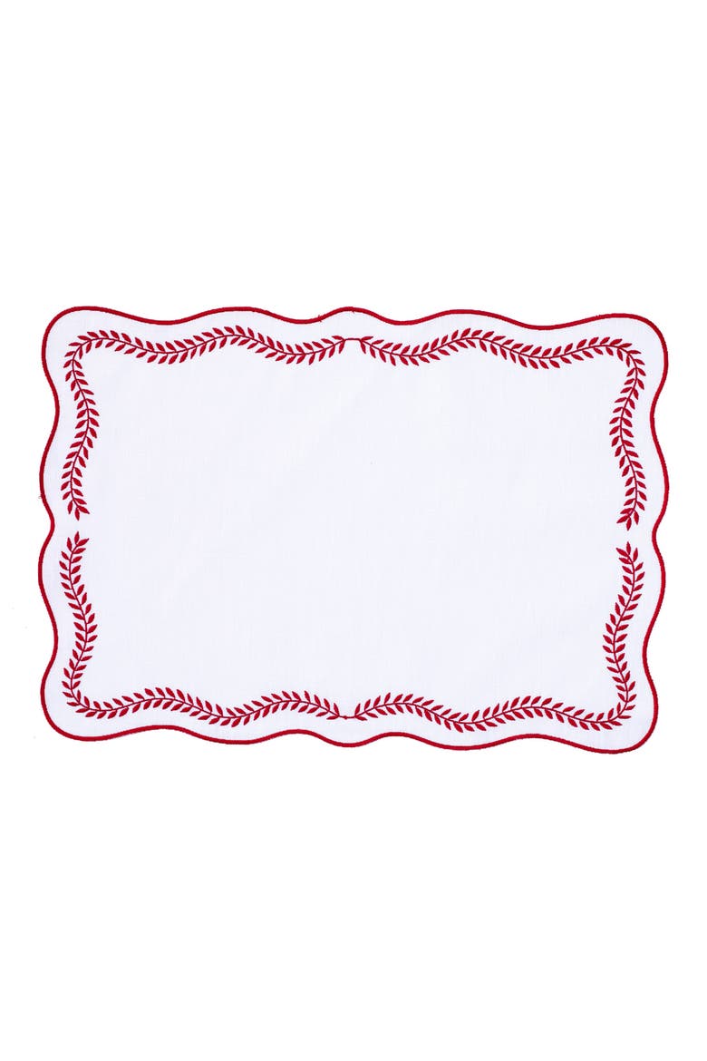 Tessuti Set of 4 Rectangular White Linen Placemats with Red Ivy Embroidery, Main, color, RED
