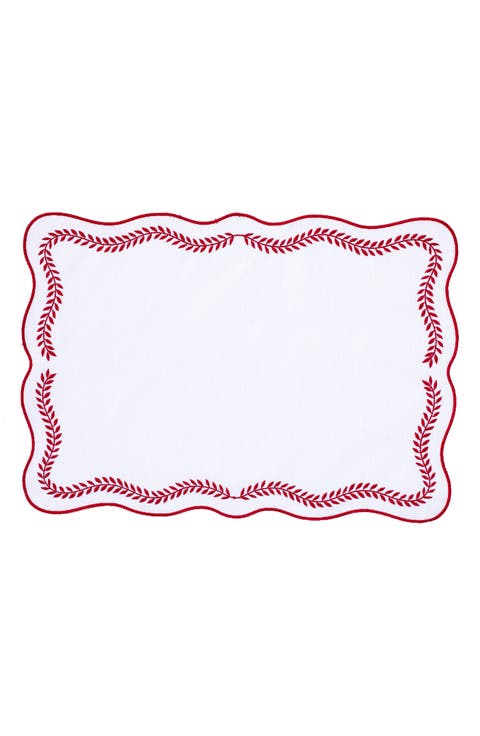 Tessuti Set of 4 Rectangular White Linen Placemats with Red Ivy Embroidery