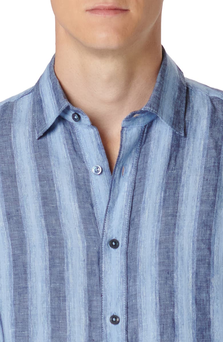 Bugatchi Julian Shaped Fit Stripe Linen Button-Up Shirt, Alternate, color,