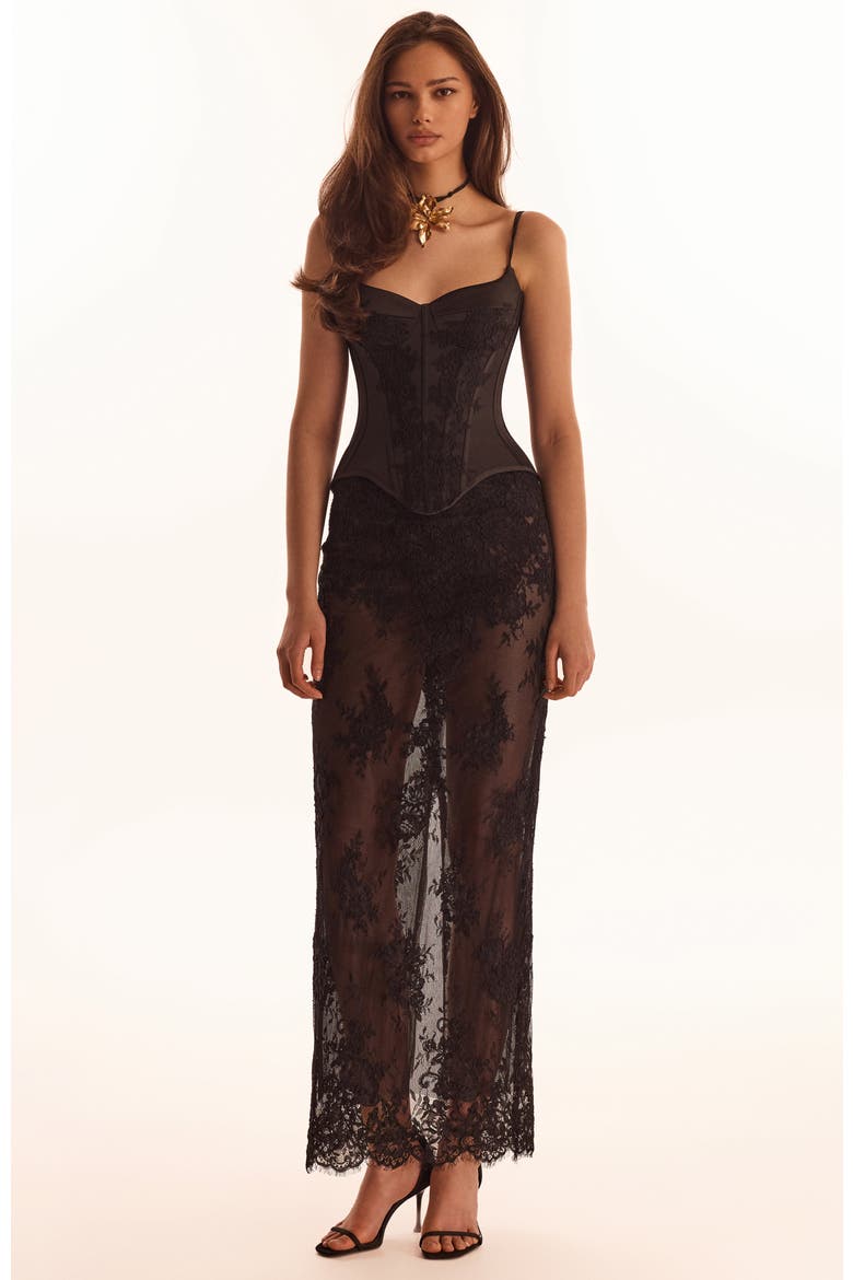 Semi-Sheer Lace Evening Occasion Maxi Skirt, Alternate, color, Black
