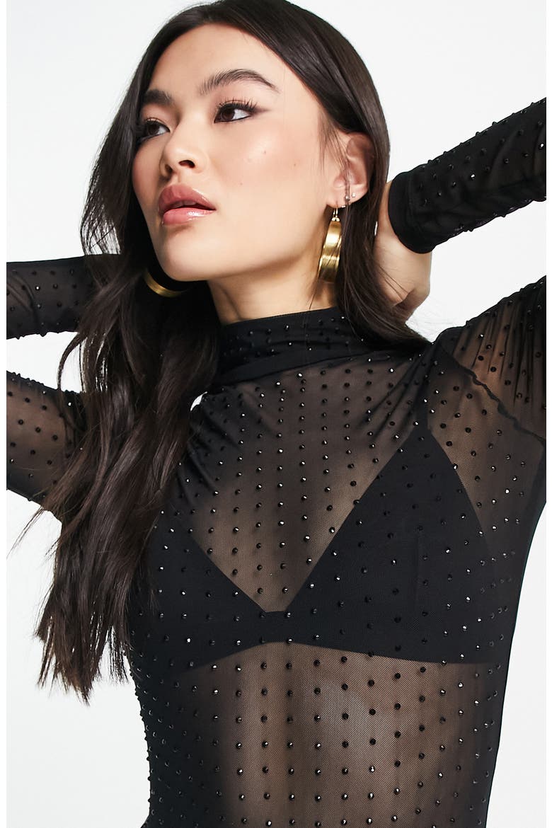 Hotfix Mesh Long Sleeve Bodysuit, Alternate, color, BLACK