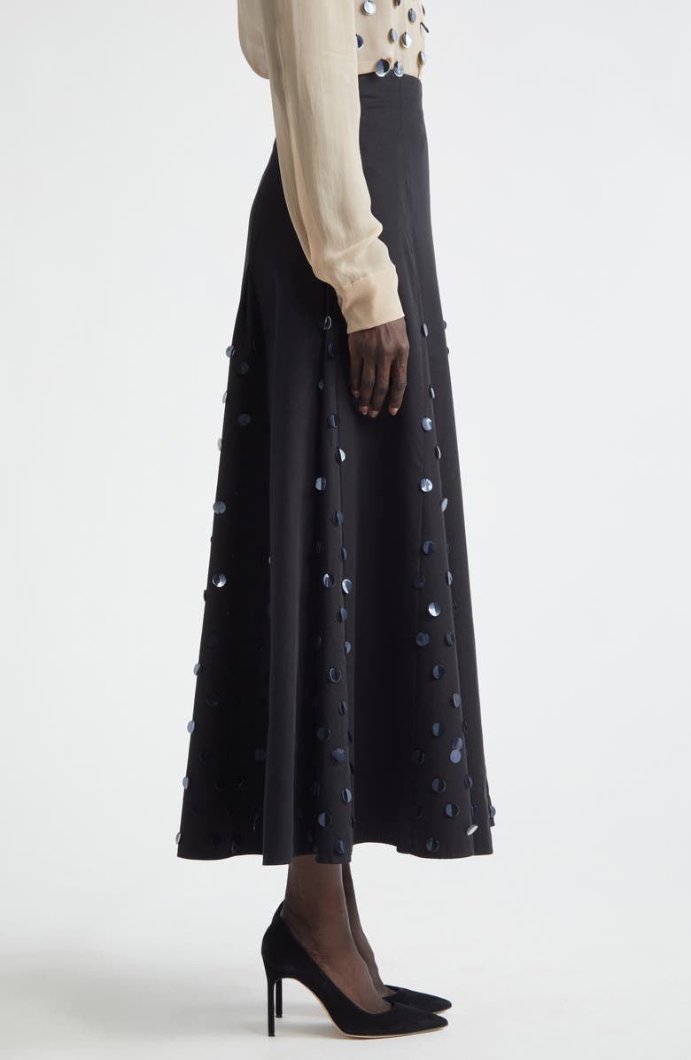 Lela Rose Paillette Cotton Poplin Godet Skirt, Alternate, color, Black