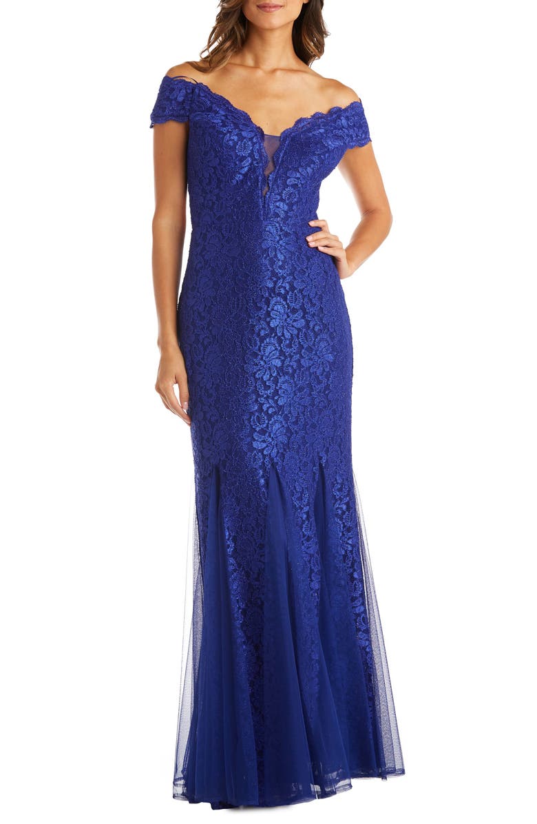 Morgan & Co. Lace Off the Shoulder Trumpet Gown, Main, color, 
