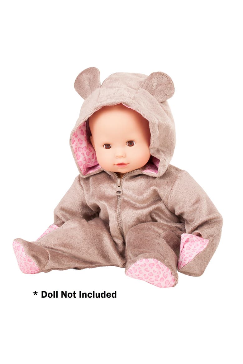 One Piece Teddy Costume Pajama Sleeper For Baby Dolls, Alternate, color, Brown