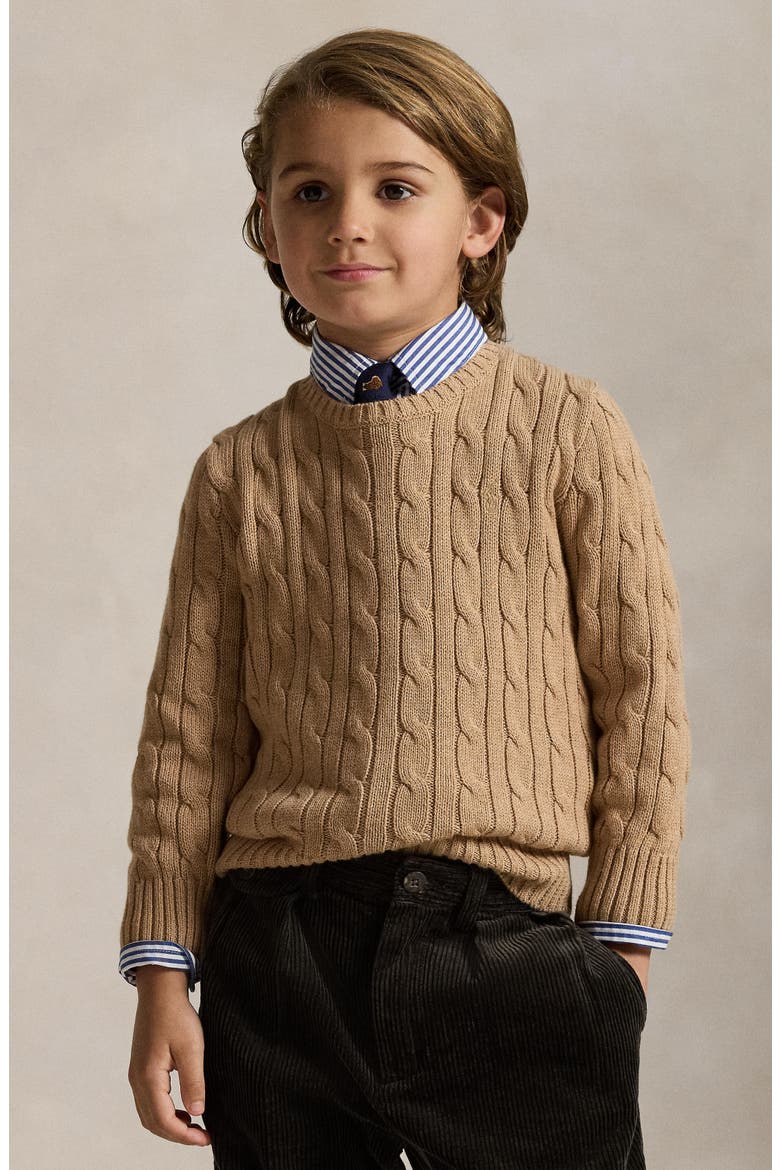 Kids' Cable Knit Combed Cotton Sweater, Alternate, color, CAMEL HEATHER