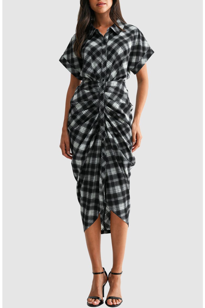 Ruched Shirt Midi Dress, Main, color, CHARCOAL PLAID