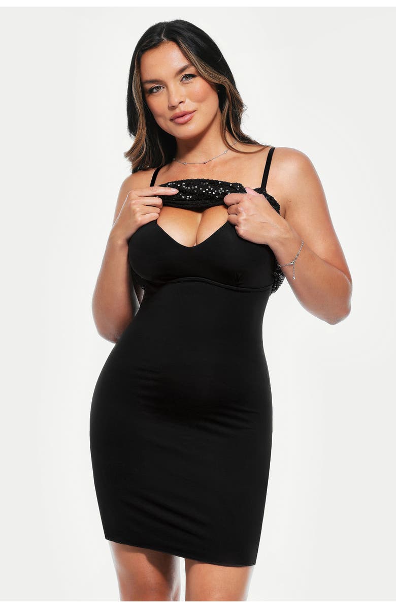 Popilush Sequin Cowl Neck Sculpting Mini Dress, Alternate, color, Classic Black