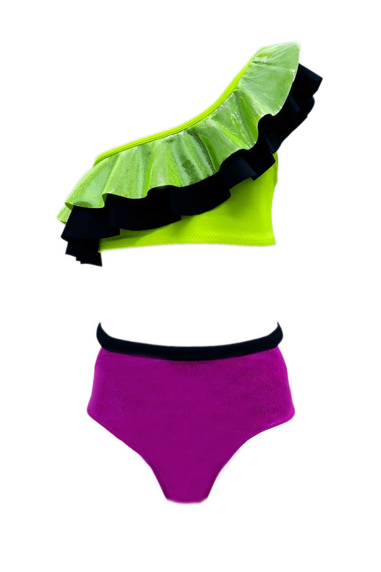 Shimmer Colorblock One-Shoulder Ruffle Two-Piece Swimsuit, Little Kid-Big Kid, Main, color, Multicolor