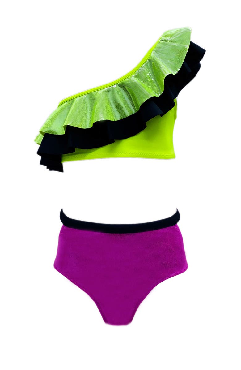 NESSI BYRD Shimmer Colorblock One-Shoulder Ruffle Two-Piece Swimsuit, Little Kid-Big Kid, Main, color, Multicolor