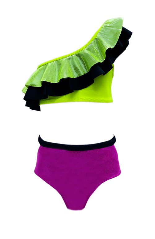 Nessi Byrd Shimmer Colorblock One-shoulder Ruffle Two-piece Swimsuit, Little Kid-big Kid In Multi
