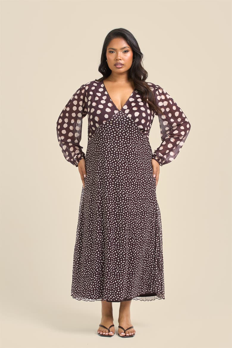 Plus Size Polka Dot Mesh Midi Dress, Alternate, color, Brown