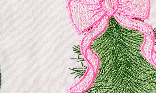 Tiramisu Set Of 4 Embroidered Pink Bow Christmas Tree Linen Cocktail Napkins In Multi
