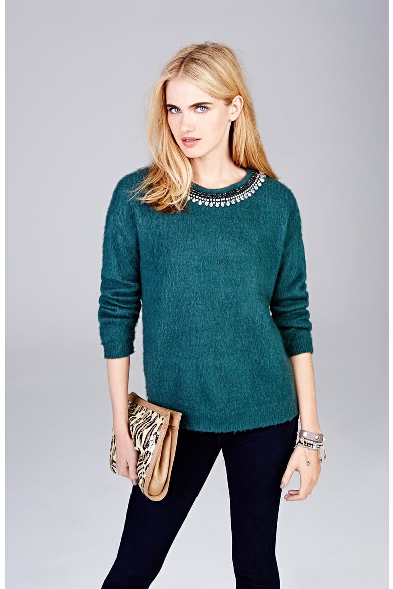 Hinge® Jewel Neck Textured Sweater, Alternate, color, HEATHER GREY