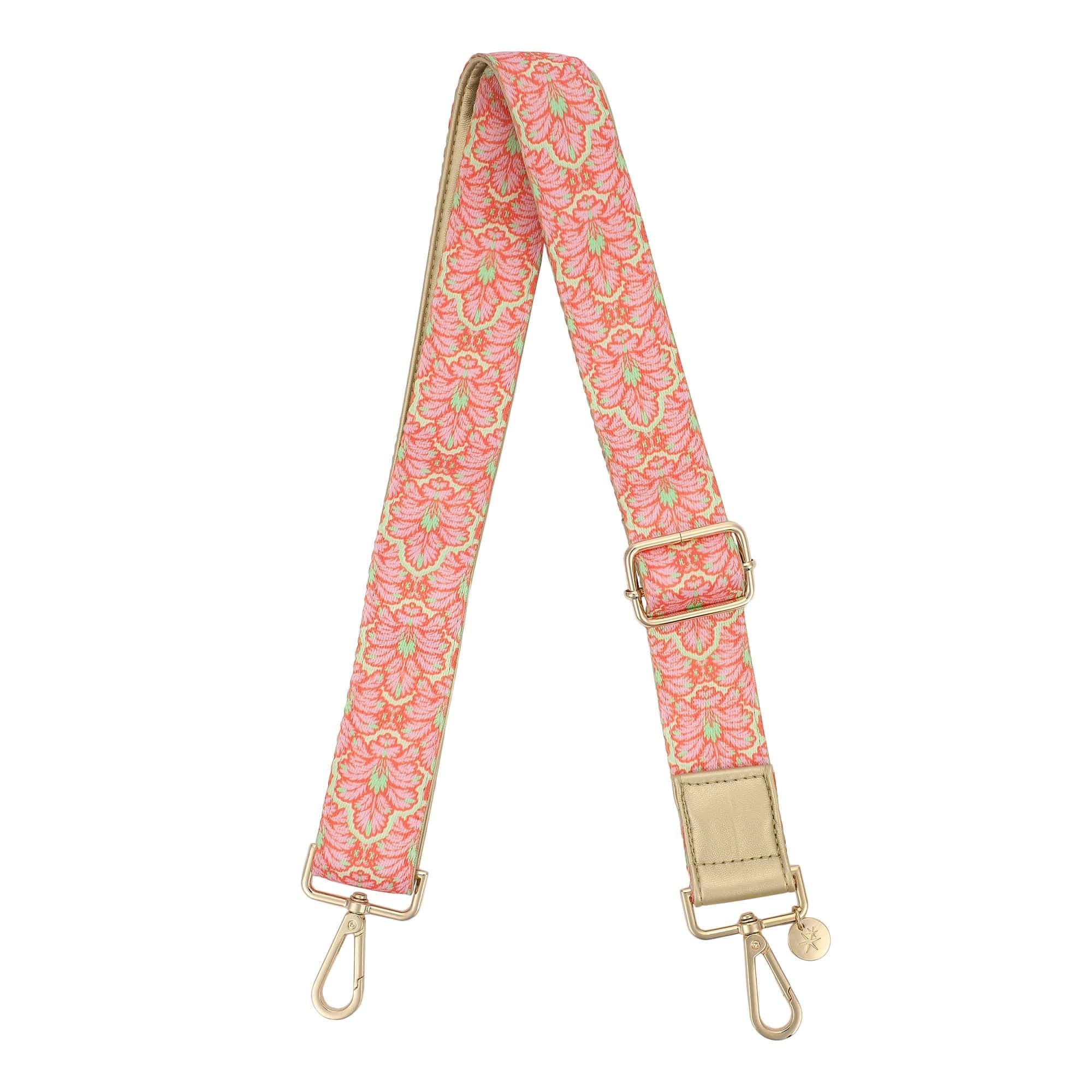 Pink Palm Adjustable Handbag Strap - 45-55 Inch Cotton Twill Palm Print Strap with Leatherette End Tabs and Gold Swivel Lobster Clasps, Alternate, color, Pink
