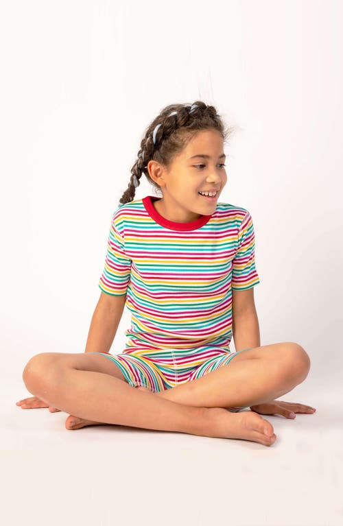 Mightly 100% Organic Cotton Stripe Shortie Snug Fit Kids Pajamas In Rainbow Stripe