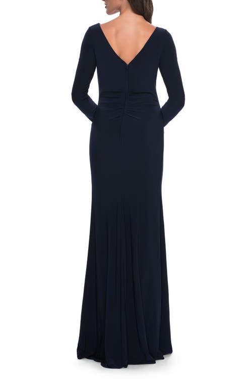 La Femme Chic Jersey Long Dress With Ruffle Detail Skirt In Navy